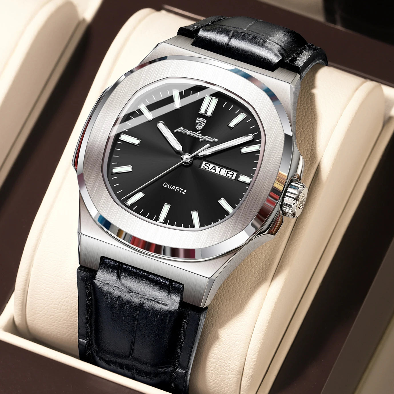 Veloré™ Luxe Square Chronograph – Waterproof Leather Quartz Watch for Men