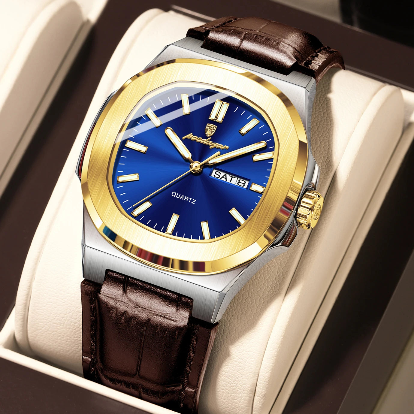 Veloré™ Luxe Square Chronograph – Waterproof Leather Quartz Watch for Men