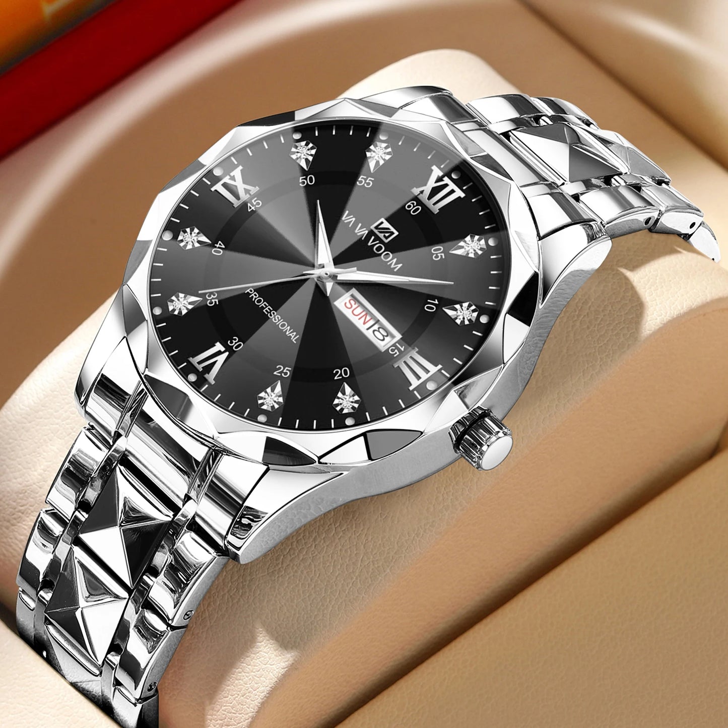 Veloré™ Prestige Stainless Steel Chronograph – Luxury Men’s Watch with Double Calendar & Night Glow