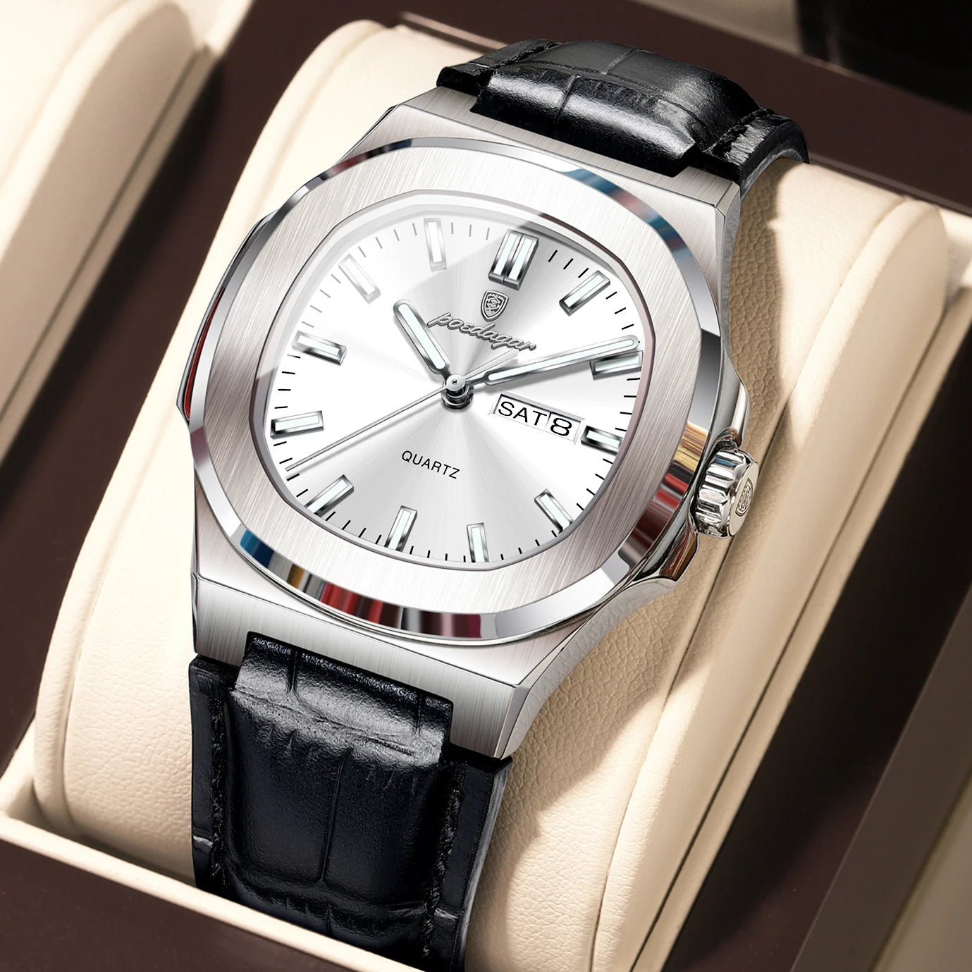 Veloré™ Luxe Square Chronograph – Waterproof Leather Quartz Watch for Men