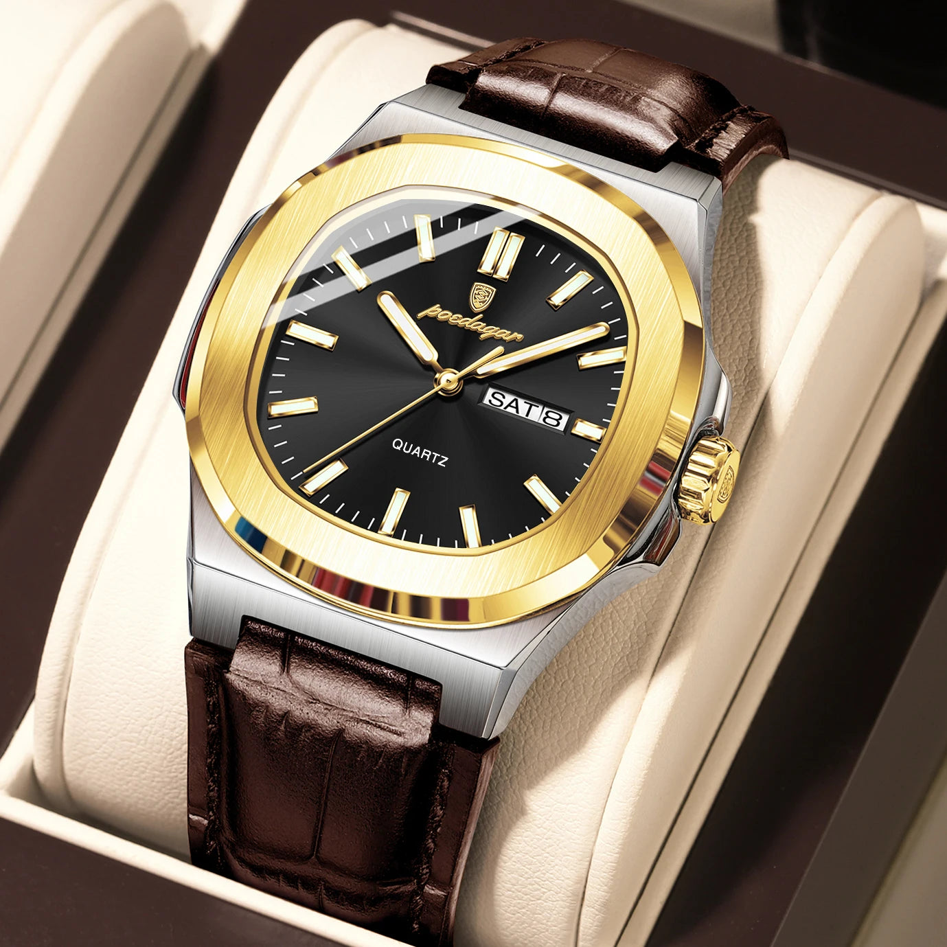 Veloré™ Luxe Square Chronograph – Waterproof Leather Quartz Watch for Men