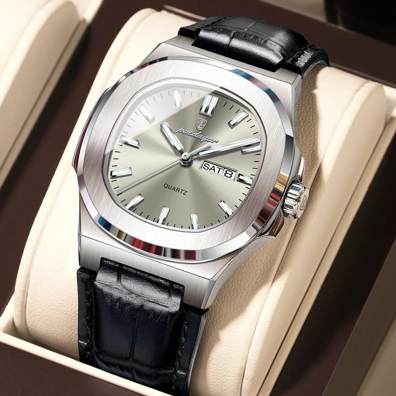 Veloré™ Luxe Square Chronograph – Waterproof Leather Quartz Watch for Men