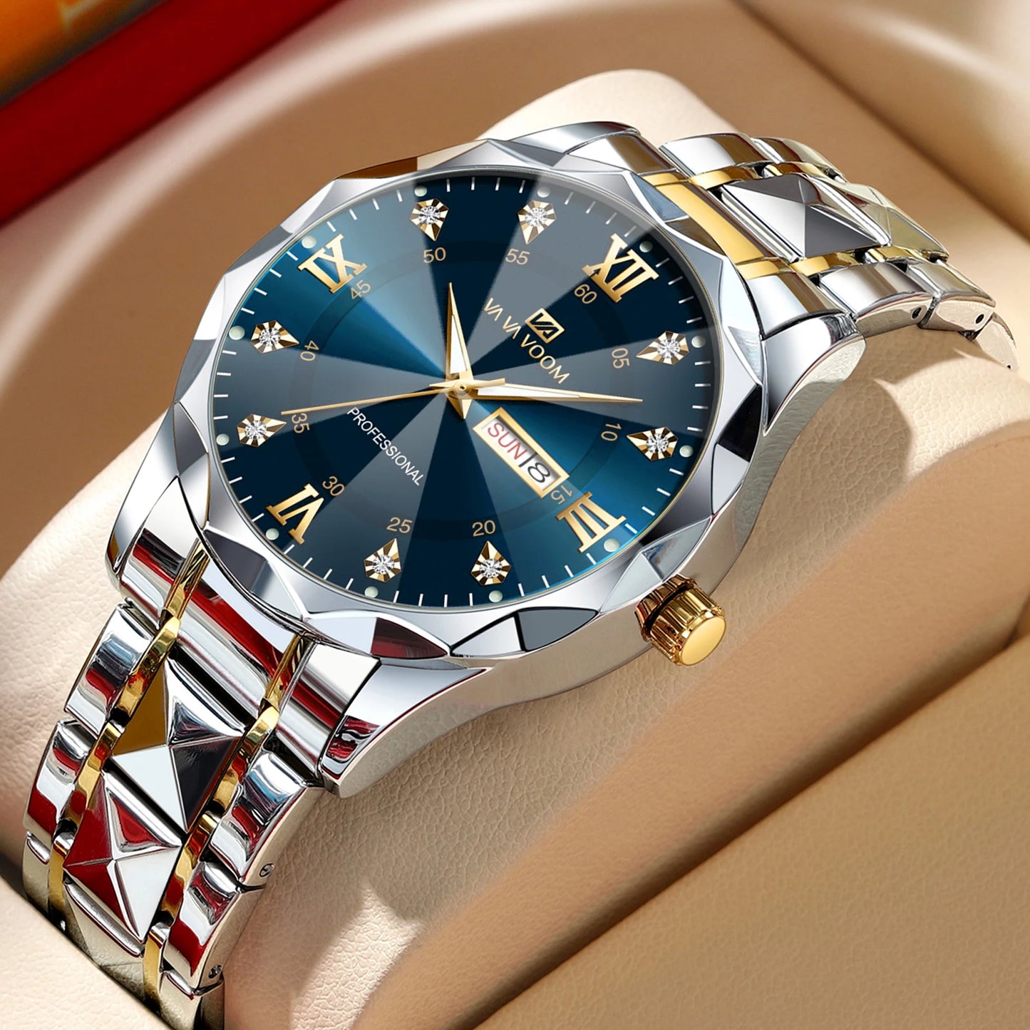 Veloré™ Prestige Stainless Steel Chronograph – Luxury Men’s Watch with Double Calendar & Night Glow