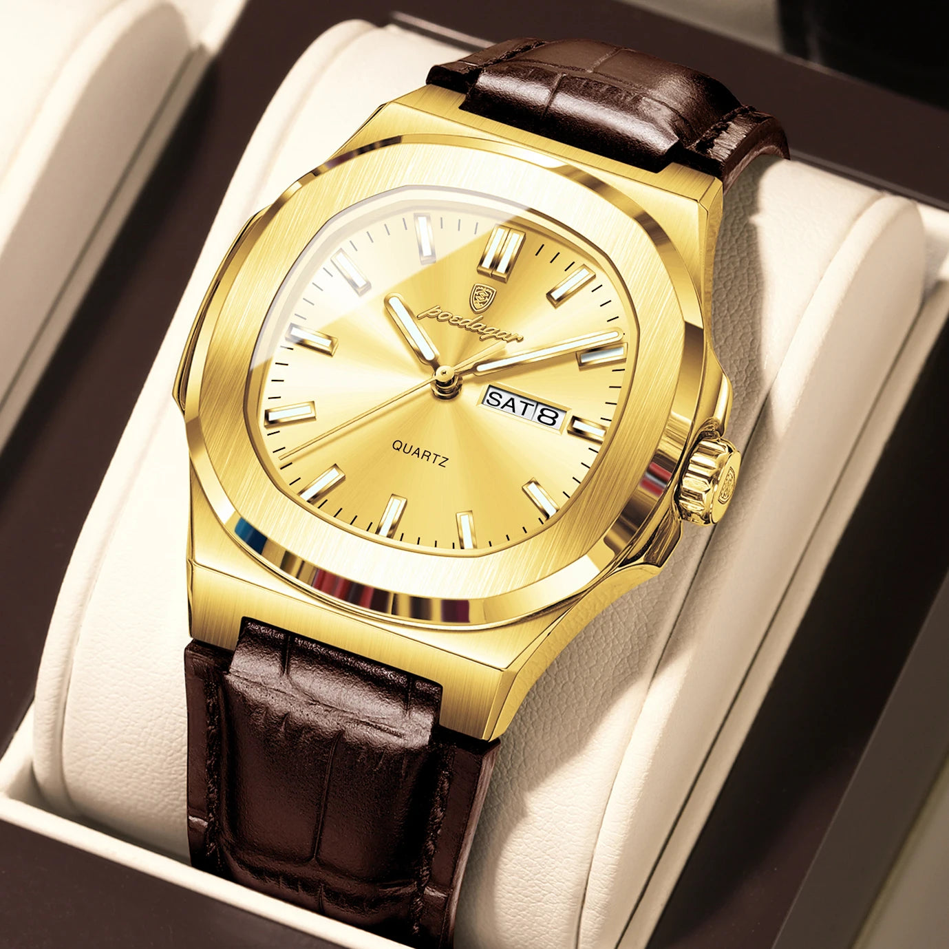 Veloré™ Luxe Square Chronograph – Waterproof Leather Quartz Watch for Men
