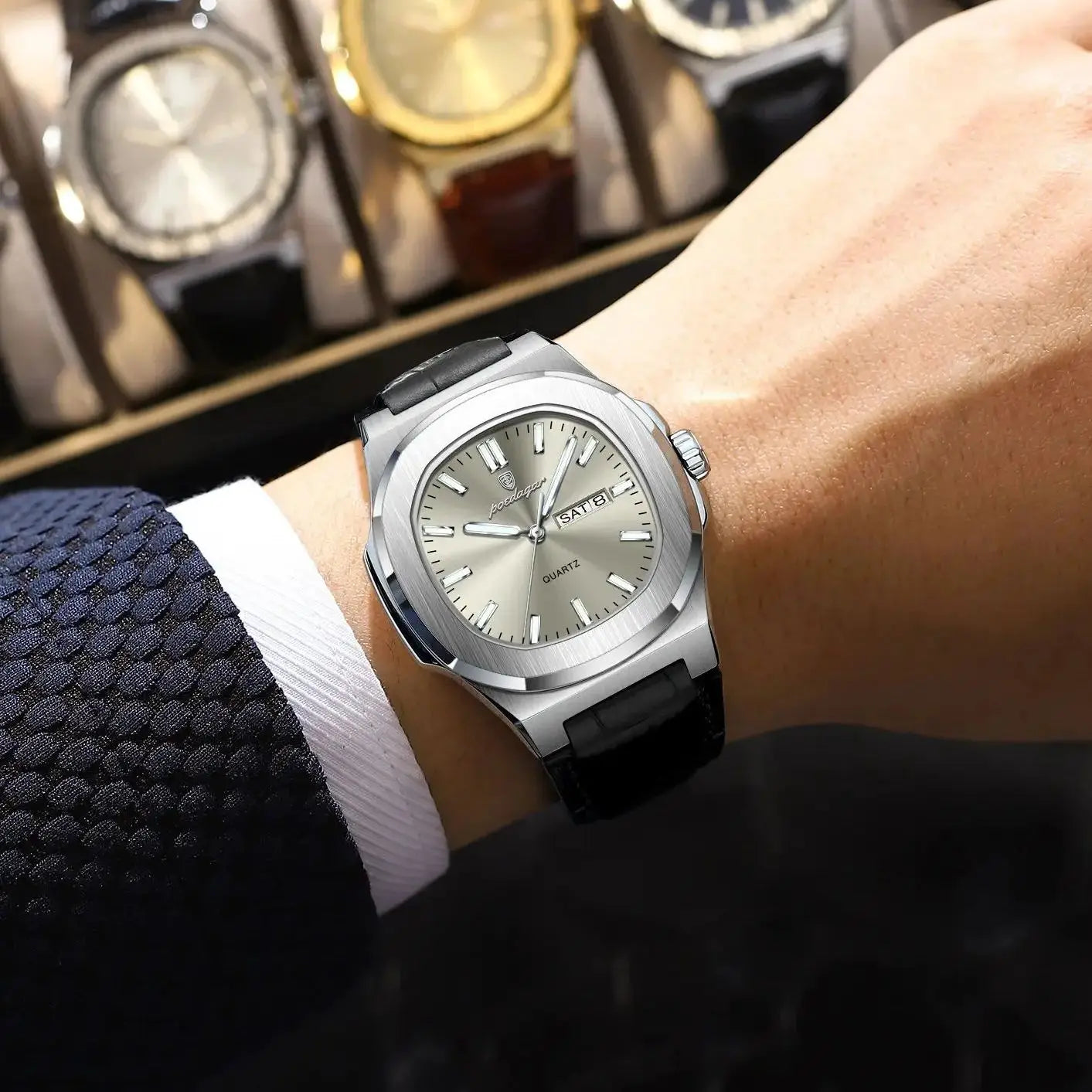 Veloré™ Luxe Square Chronograph – Waterproof Leather Quartz Watch for Men