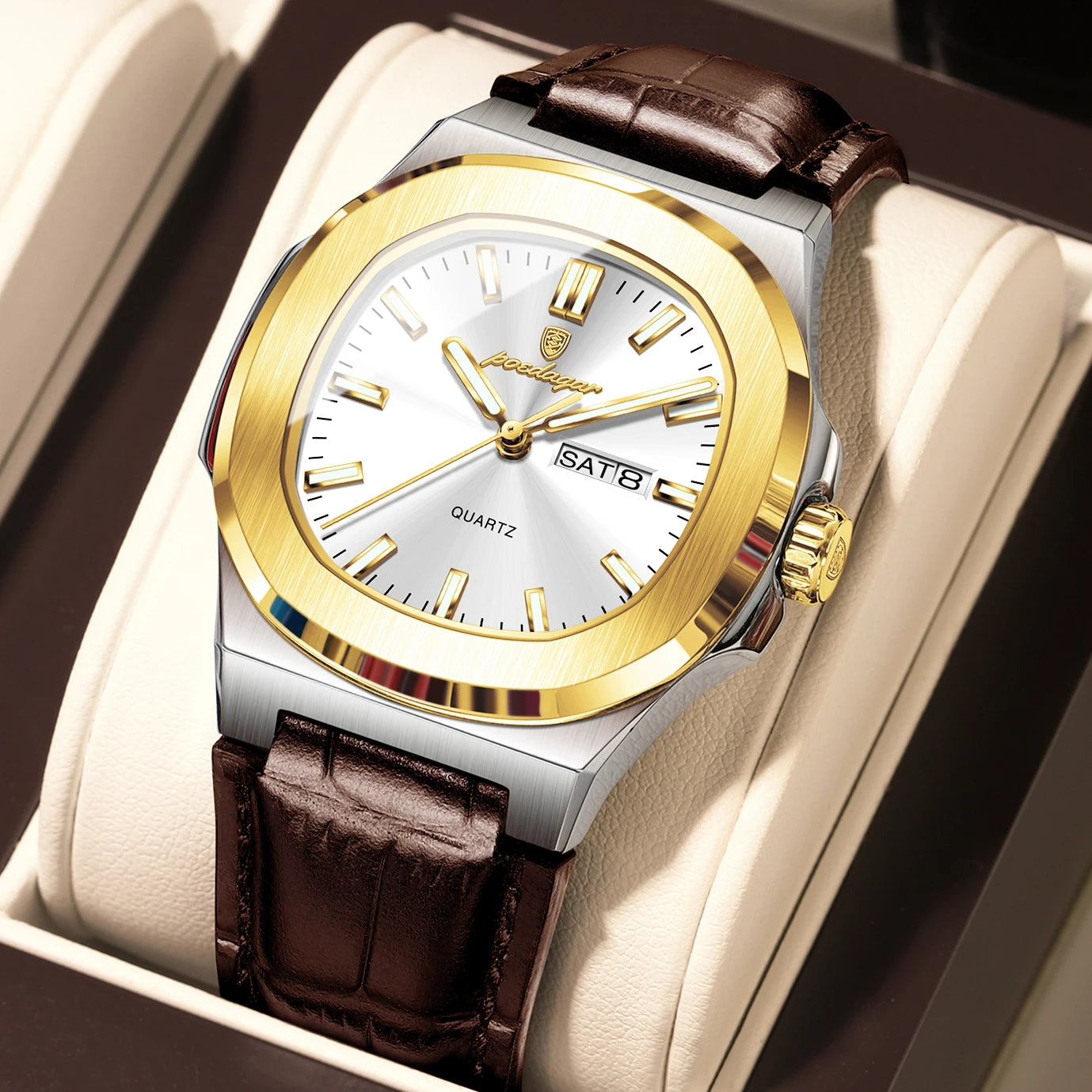 Veloré™ Luxe Square Chronograph – Waterproof Leather Quartz Watch for Men