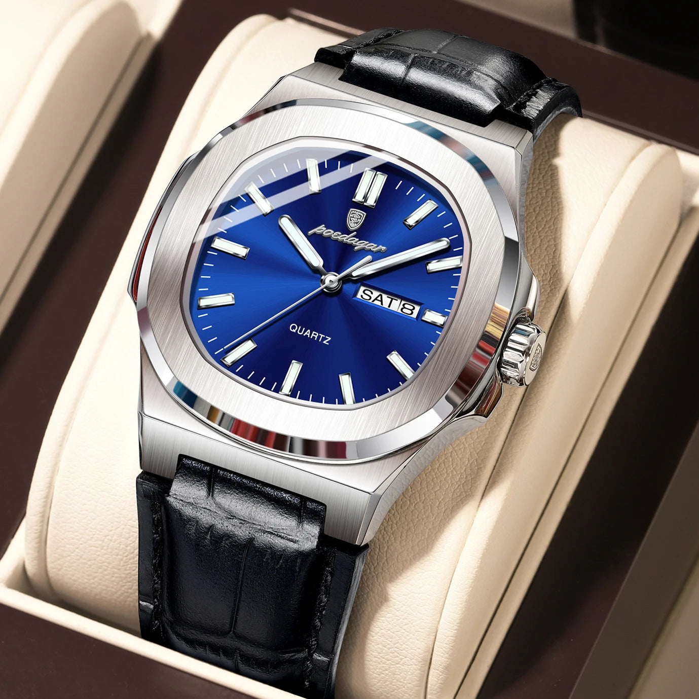 Veloré™ Luxe Square Chronograph – Waterproof Leather Quartz Watch for Men