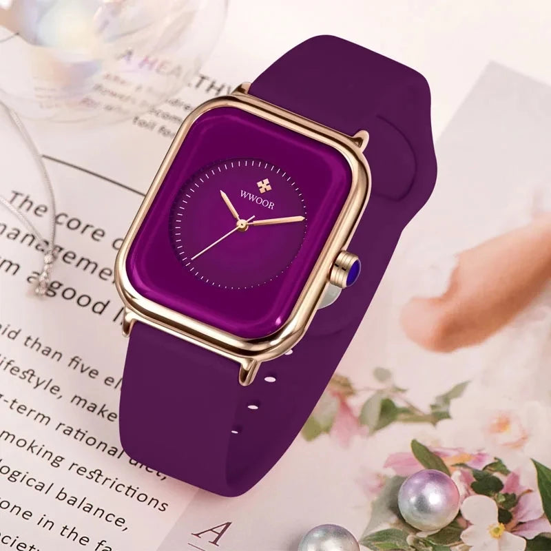Veloré™ Purple Square Women’s Quartz Watch – Waterproof Silicone Band