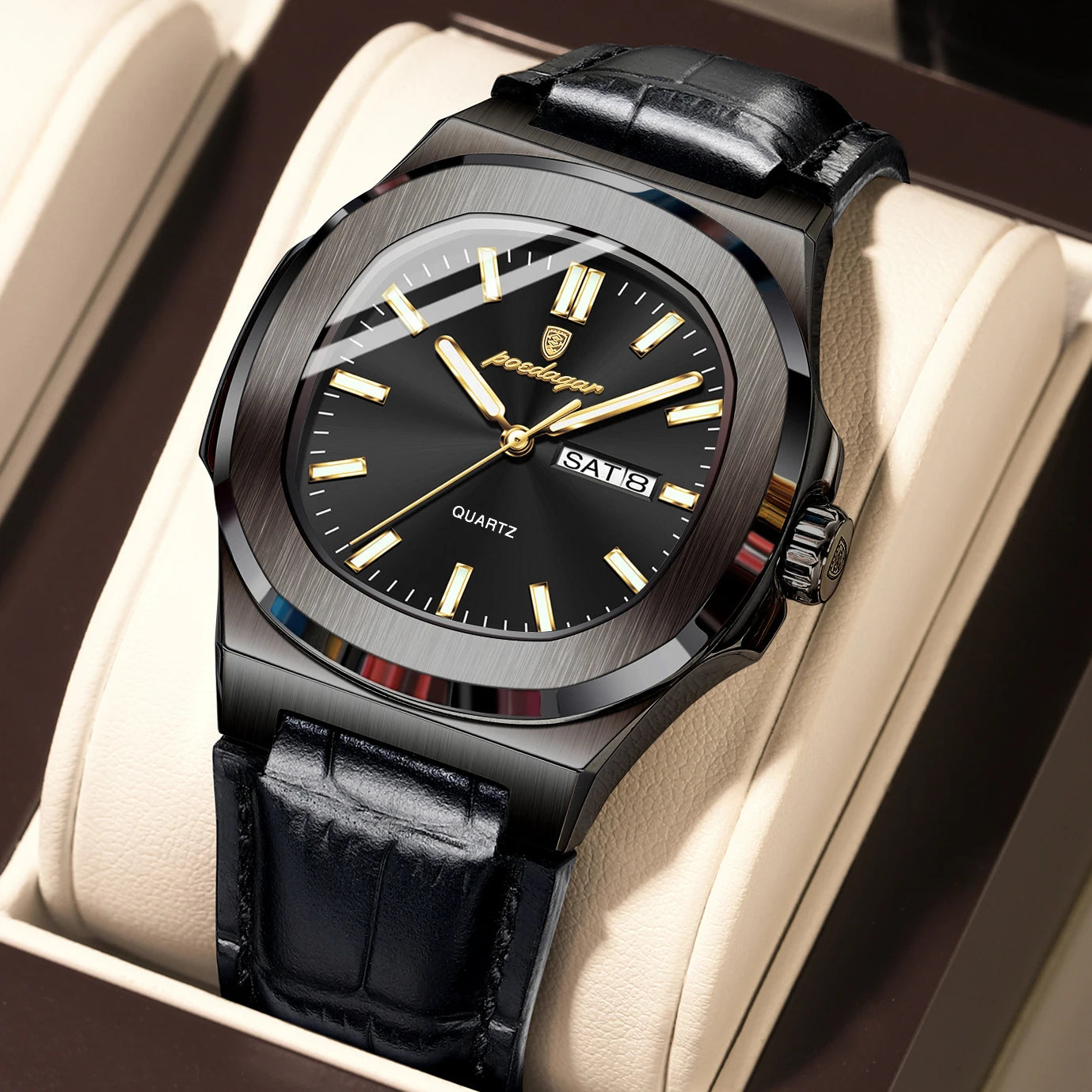 Veloré™ Luxe Square Chronograph – Waterproof Leather Quartz Watch for Men